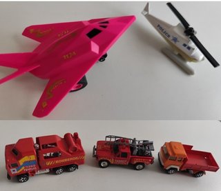 Camiones, helicóptero policía y avión caza