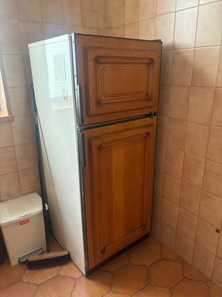 Frigorífico blanco con puertas de madera