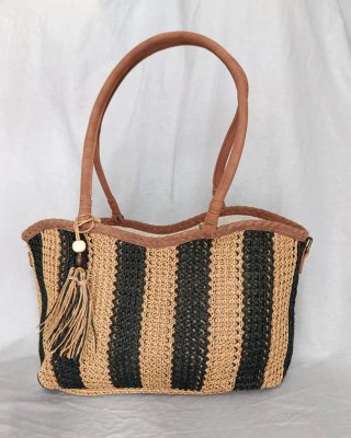 Bolso Rafia Trenzada Beige Negro Bandolera