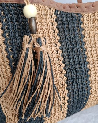 Bolso Rafia Trenzada Beige Negro Bandolera