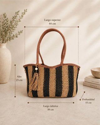 Bolso Rafia Trenzada Beige Negro Bandolera