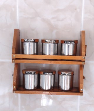 ESPECIERO colgante estante madera 25x23 cm. Inox
