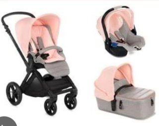 Cochecito bebe tres piezas gris y rosa