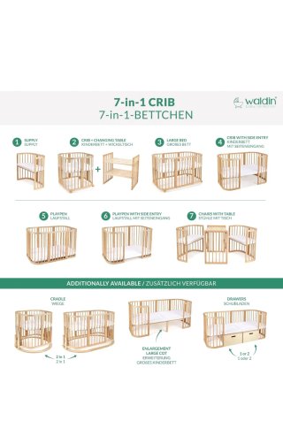 Cuna Waldin Madera 7 en 1 con Colchón