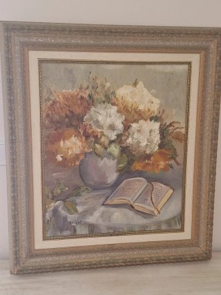 Cuadro al óleo Flores y Libro