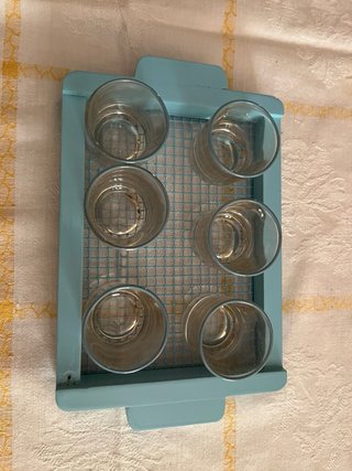 Juego 6 vasos chupito con bandeja madera y metal