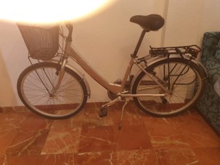 Bicicleta de paseo plateada con cesta
