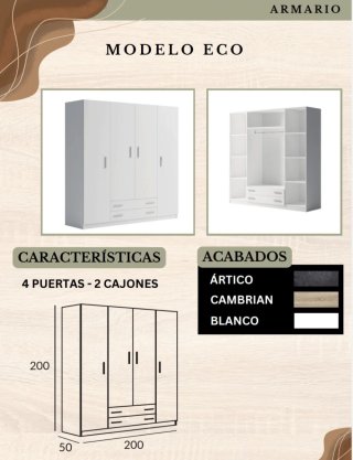 Armario de madera 3 puertas y 2 cajones
