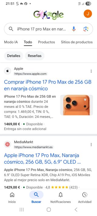 iPhone 17 Pro Max 256GB Naranja Cósmico