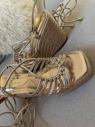 Sandalias Cuña Doradas Esparto Cordones Talla 39