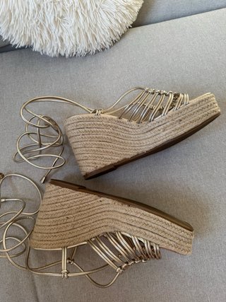 Sandalias Cuña Doradas Esparto Cordones Talla 39