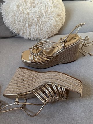 Sandalias Cuña Doradas Esparto Cordones Talla 39