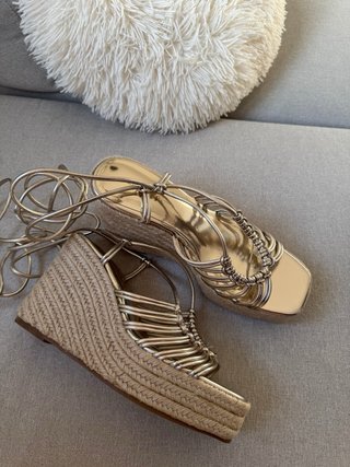 Sandalias Cuña Doradas Esparto Cordones Talla 39