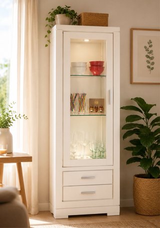 Vitrina blanca con puertas de cristal.