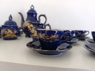 Juego de café porcelana azul y oro