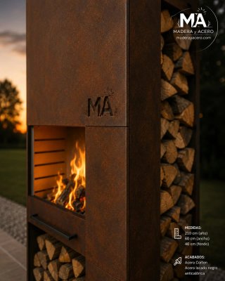 Barbacoa y estufa con leñera de metal