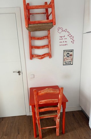 Vintage 1950s Wooden Table & 2 Chairs Set Conjunt