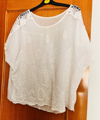 Blusa Algodón Blanca Encaje Brillos Talla XL