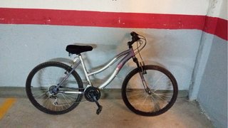 Bicicleta de montaña plateada y morada