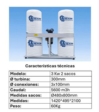 Aspiración Industrial 2 Sacos 3KW 400V