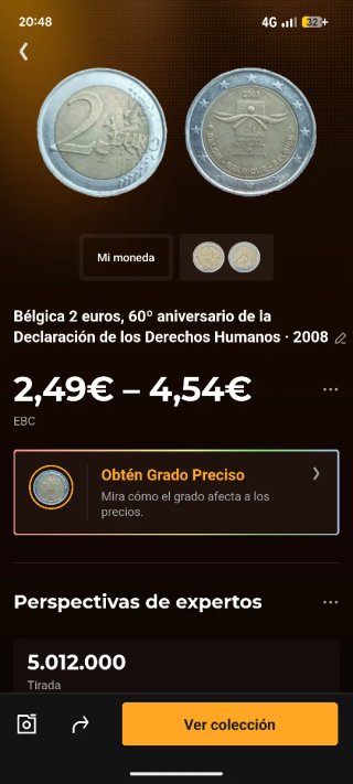 Bélgica 2 euros 60 años Derechos Humanos 2008