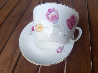 Taza y plato de porcelana multicolor