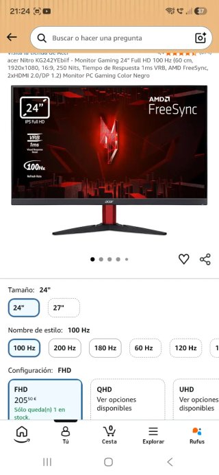 Monitor Gaming Acer Nitro KG242YEbiif 24 FHD