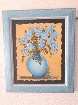 2 Cuadros Óleo Flores Azules y Tulipanes