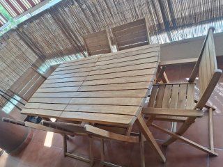 Mesa extensible madera jardín + 6 sillas
