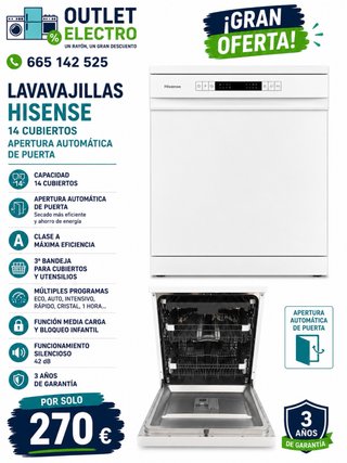 Lavavajillas Hisense 14 Cubiertos Apertura Automát
