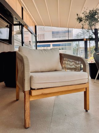 Conjunto sillones exterior madera y tela