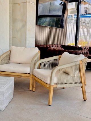 Conjunto sillones exterior madera y tela
