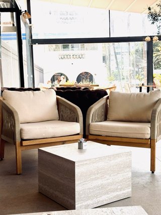 Conjunto sillones exterior madera y tela