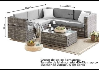 Rinconera Exterior Ratán con Cojines gris y naranj