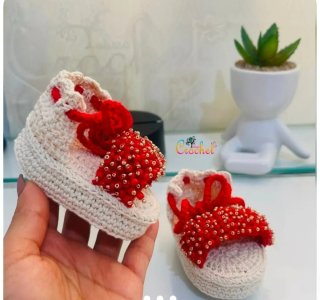 Sandalias Crochet Bebé Rojas y Beige