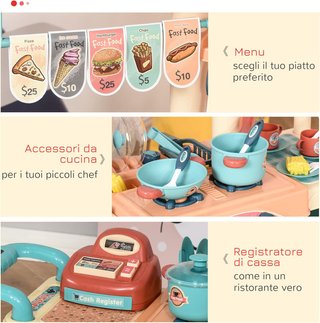 Cocina de Juguete para Niños de 3 a 6 Años, Cafetería Restaurante con 50 Accesorios Incluidos, 79.5 X 33 X 90.5Cm