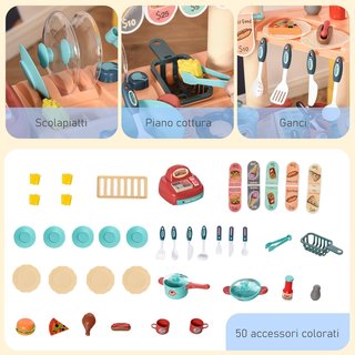 Cocina de Juguete para Niños de 3 a 6 Años, Cafetería Restaurante con 50 Accesorios Incluidos, 79.5 X 33 X 90.5Cm