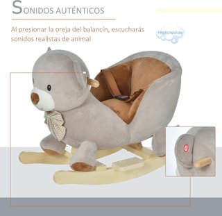 Caballo Balancín en Forma de Oso con Sonidos, Caballito Balancín para Niños de 18-36 Meses Interactivo, Gris, 60X33X50Cm