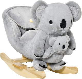 Caballo Balancín Koala de Peluche Acolchado con Sonidos, Cinturón de Seguridad y Base de Madera, 60X33X50Cm, Gris