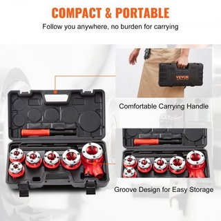 Kit de roscado de tuberías con trinquete, 6.4mm NPT - 32mm NPT, roscador manual con trinquete, juego de herramientas portátiles para roscar tuberías con 6PCS troqueles NPT, estuche de almacenamien...