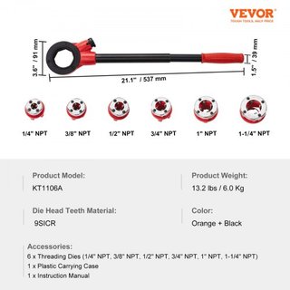 Kit de roscado de tuberías con trinquete, 6.4mm NPT - 32mm NPT, roscador manual con trinquete, juego de herramientas portátiles para roscar tuberías con 6PCS troqueles NPT, estuche de almacenamien...