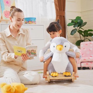 Caballo Balancín en Forma de Pingüino de Peluche con 32 Melodías y Cinturón de Seguridad, Balancín para Niños a Partir de 18 Meses