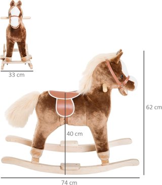Caballo Balancín para Niños de Madera, Juguete de Montar para Niños de Peluche, 74X33X62 Cm, Marrón