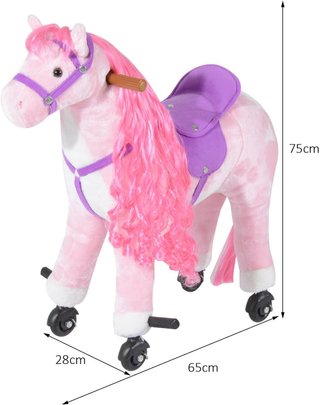 Caballo Balancín para Niños a Partir de 3 Años Con 4 Ruedas y Sonidos Realistas, Balancín Infantil Acolchado Con Reposapiés, 65X28X75 Cm, Rosa