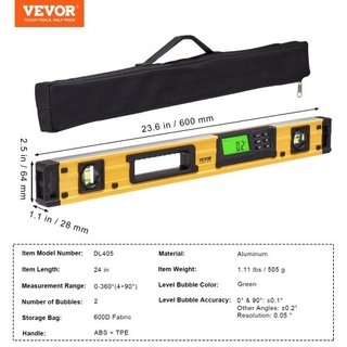 Nivel Torpedo Magnético, 600mm, Pantalla LED Retroiluminada, Viales de Burbuja Mecánicos, Regla para 0-360 Grados, Sensor de Gravedad, Herramienta Niveladora de Aleación de Aluminio con Ventana de...