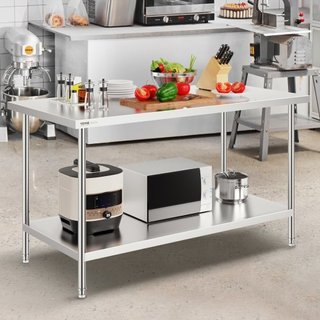 Mesa de Preparación de Acero Inoxidable, 30 x 60 x 34 Pulgadas, Mesa de Trabajo de Metal de Alta Resistencia con 3 Niveles de Altura Ajustables, Estación de Trabajo Comercial para Cocina, Garaje, ...