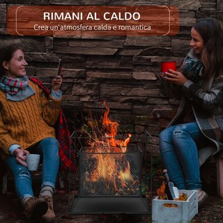 Chimenea De Jardín Portátil De Metal, Chimenea De Exterior Con Diseño Suspendido Y Atizador, 45X45X43Cm Negro