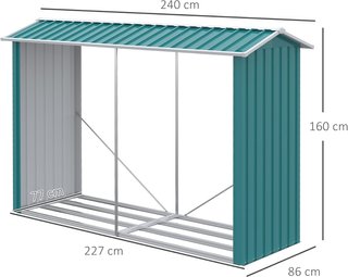 Portalegna Exterior Con Base Elevada Y Techo Inclinado, Leñera Exterior de Acero Galvanizado para Leña de Combustión, 240X 86X160Cm, Verde