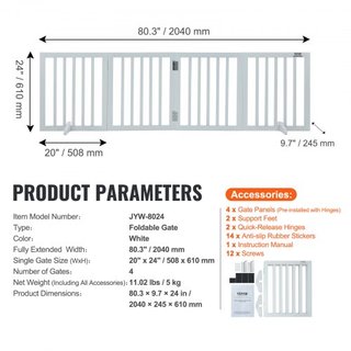 Puerta para Perros Independiente, 24" H x 80.3" W Puerta para Mascotas Independiente, Puerta para Perros Plegable de 4 Paneles para Pasajes Anchos y Estrechos, Barrera para Perros Expandible con S...