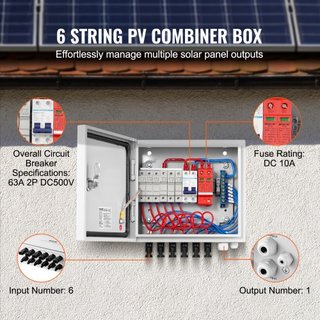 Caja combinadora PV, 6 cadenas, Caja combinadora solar con fusible de corriente nominal de 10A, interruptor de circuito de 63A, pararrayos y conector solar, caja de acero para sistema de paneles s...